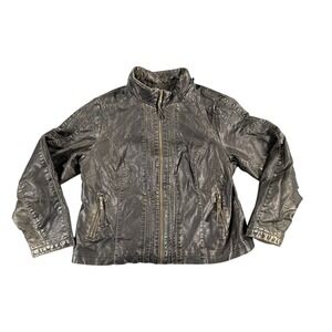 A.N.A Faux Leather Jacket Womens XL Black Motorcycle Zip Up Pockets Gold Trim‎
